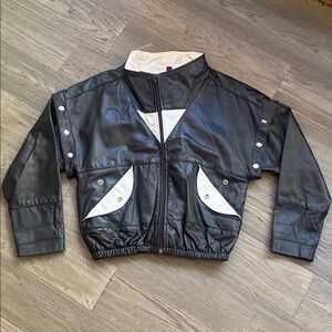 Vintage Black and White Leather Bomber Jacket and Vest Size 11/12 Made in Canada